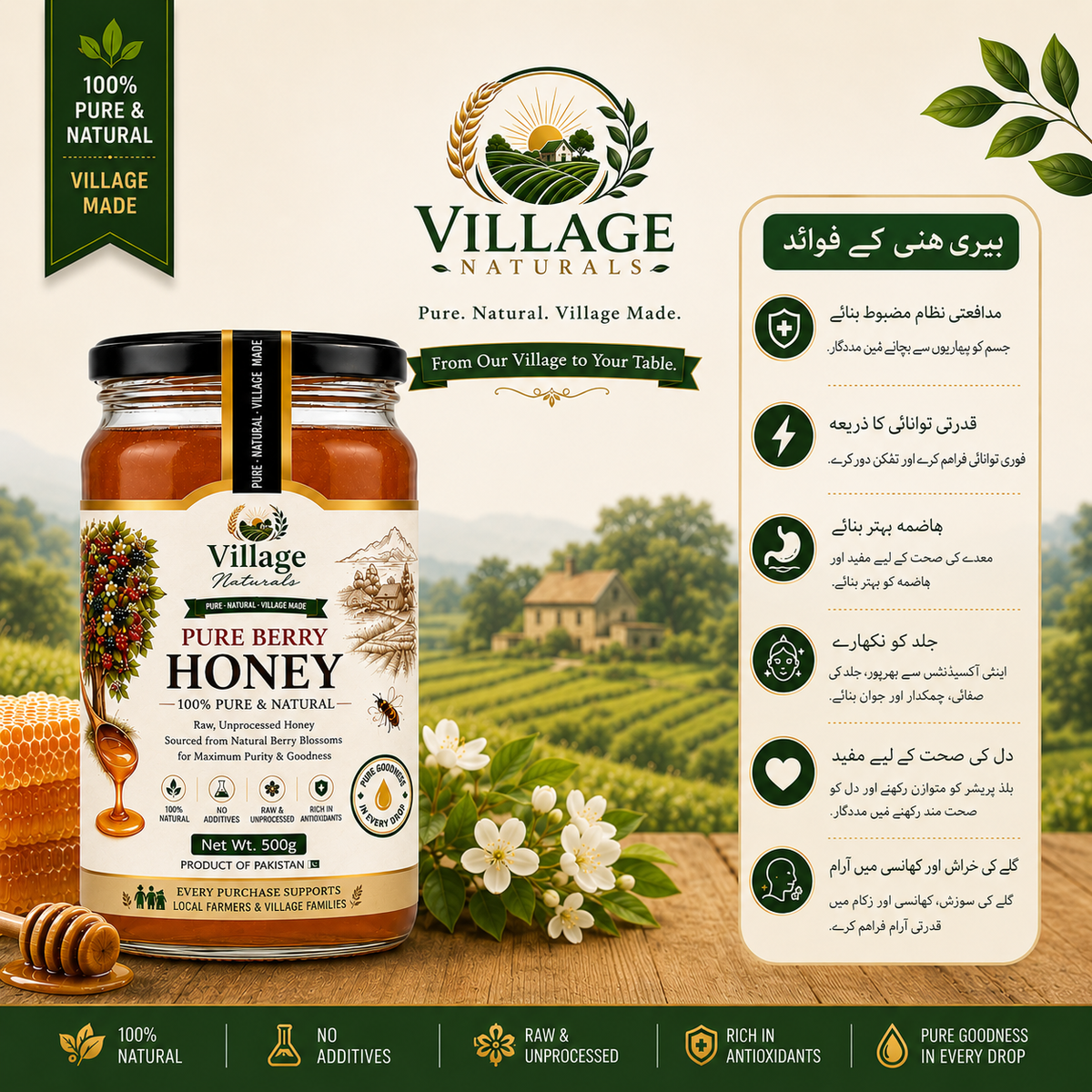 Village Naturals Pure Berry Honey – Raw & Natural Berry Blossom Honey | 500g
