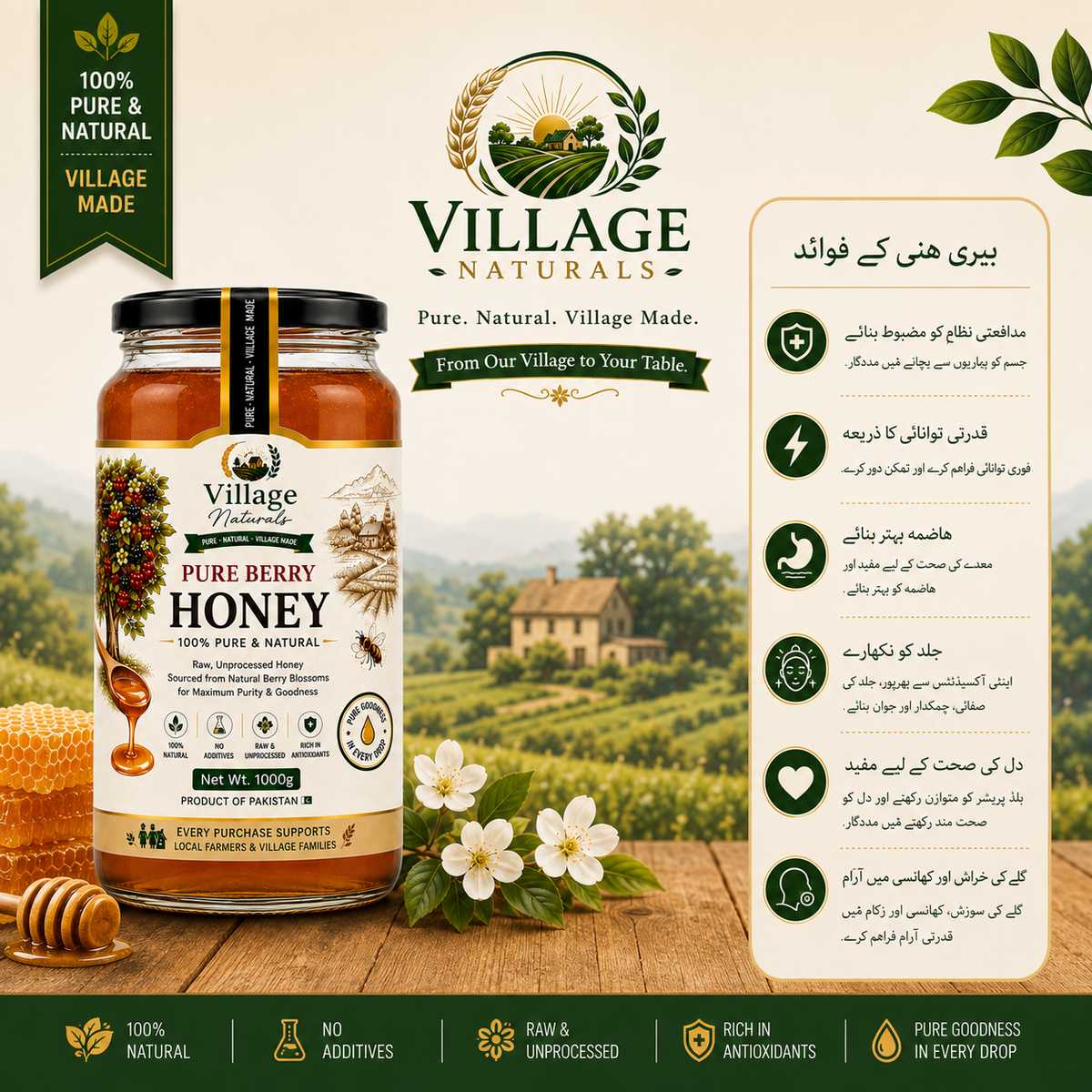 Village Naturals Pure Berry Honey – Raw & Natural Berry Blossom Honey | 1000g