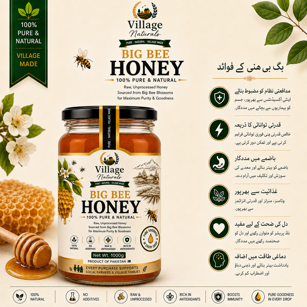 Village Naturals Big Bee Honey – 100% Pure & Natural Raw Honey | 1kg